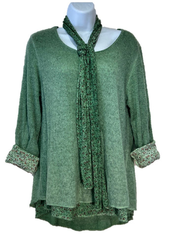 Knitted Layer Top with Scarf - Green