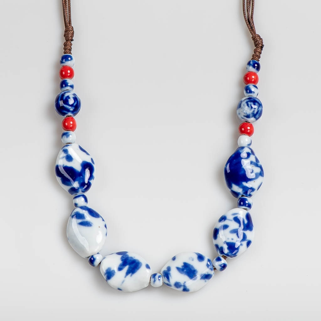 Ceramic Bead Necklace - White/Blue