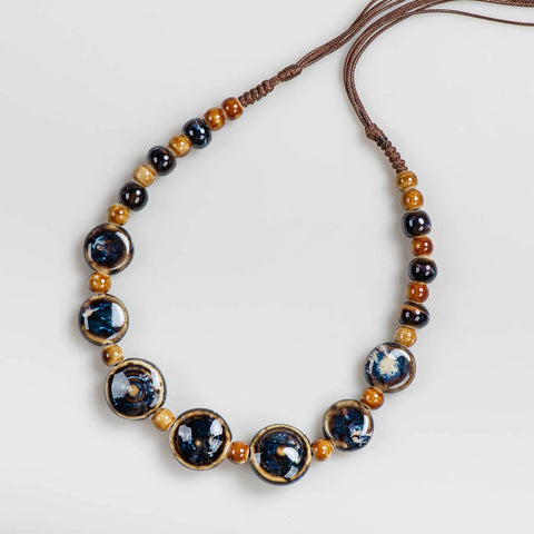 Ceramic Necklace Disc Shaped Beads - Light Blue