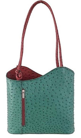 Ostrich Effect Leather Backpack Handbag - Turquoise/Tan