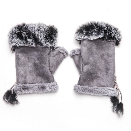 Faux Fur and Suede Fingerless Mittens - Grey/2 Tone Trim