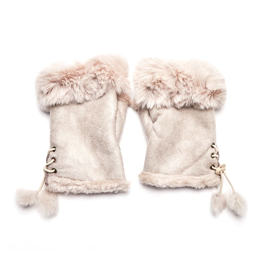 Faux Fur and Suede Fingerless Mittens - White