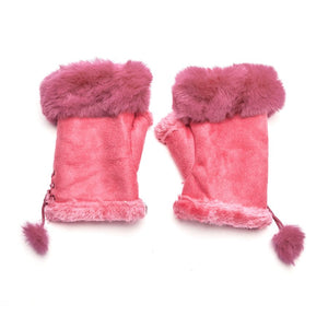 Faux Fur and Suede Fingerless Mittens - Fucshia
