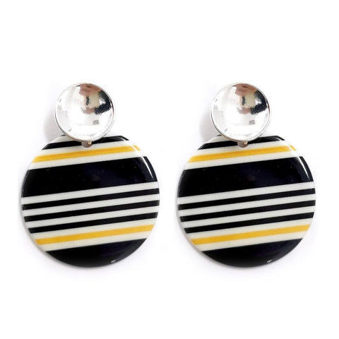 Round Resin Earrings - Yellow/Black/White Stripe