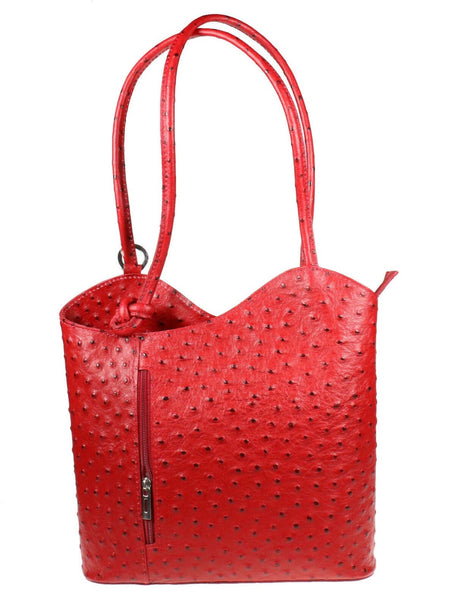 Ostrich Effect Leather Backpack Handbag - Red