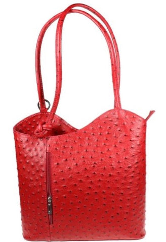 Ostrich Effect Leather Backpack Handbag - Red