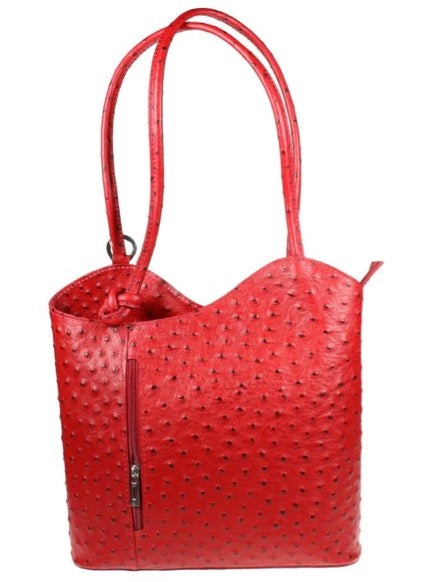 Ostrich Effect Leather Backpack Handbag - Red